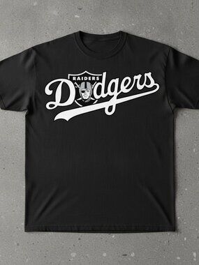LA Dodgers Raiders Mashup Script Logo Black Unisex Fan T-Shirt